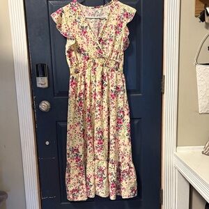 SHEIN Cream Floral Midi Dress with Ruffle Sleeves